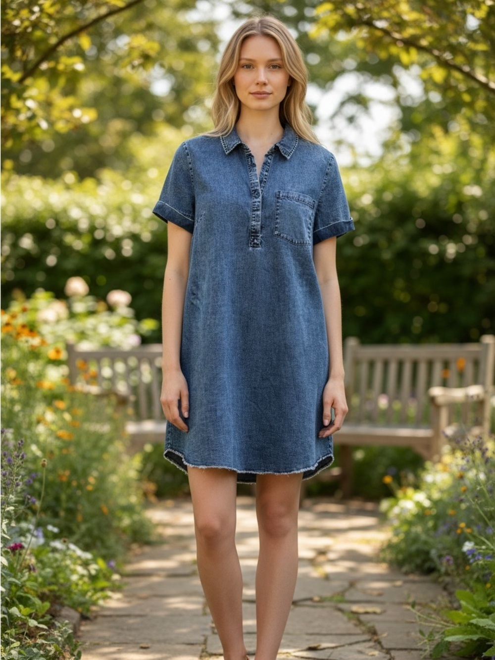 Kut From The Kluth Denim Short Sleeve Mini Dress M Raw Hem Everyday Comfy Chic